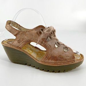 Fly London YLFA Luna Lace Up Wedge Leather Taupe Metallic Sandal